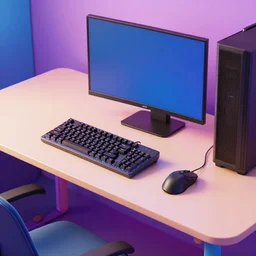 a modern desk with gaming pc and gaming mouse and gaming keyboard, hyper realistic concept art, colorful, retro style,