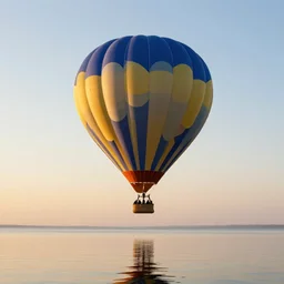 professional photography of a hot air balloon flying on a reflective lake, golden hour