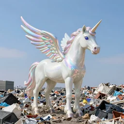 8 k capture scan of a iridescent unicorn with wings dancing in a garbage dump, the sky has the milky way, high textured, conceptual, intricate detailed painting, illustration sharp detail, manga 1 9 9 0