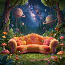 psychedelic trippy couch in the lush forest, planets, flowers, mushrooms milky way, sofa, cartoon by carl barks and eric carle