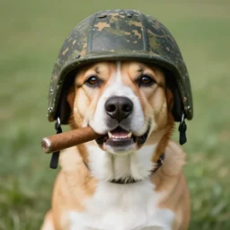 dog with military helmet and cigar in mouth