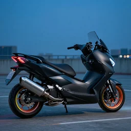photo of tmax concept maxi scooter, biopunk, black matte paintjob, tuning award, big chrome exhaust, blue hour, colorful rims, 8 5 mm, f / 1. 3