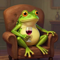 Digital art of a distinguished frog having a glass of wine sitting in his favorite armchair, Greg rutkowski, Trending artstation