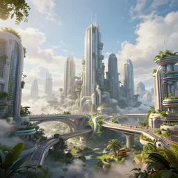 a wide shot of a hi-tech sci-fi solarpunk city, with skyscrapers, bridges, trees, plants, beautiful, stunning, serene, volumetric light, volumetric clouds, photography, color, intricate, extremely detailed, photorealistic, unreal engine 5