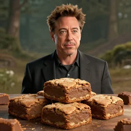 brownies depicting robert downey jr., very detailed texture, realistic shaded lighting, studio quality, digital art, dynamic background, unreal engine 5 rendered, octane rendered, pinnacle studio, naturel, trending on artstation, art style by ian sprigger