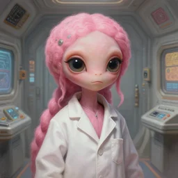 space ship quarters beautiful pink little alien girl with big eyes wearing a lab coat, diffuse lighting, fantasy, intricate, elegant, highly detailed, lifelike, digital painting, cinestill 8 0 0 t 2 0 0 mm, concept art, frank frazetta, marco bucci, loish, rossdraws, artgerm, alphonse mucha