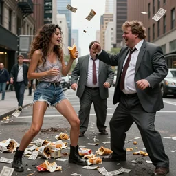 in a dirty city street disheveled male and female supermodels fight, sweating laughing obese men in cheap suits, over piles half eaten rotting fast food, money thrown and floats in the air, hyper realistic photo, full colour, upscale, 8 k, masterpiece,