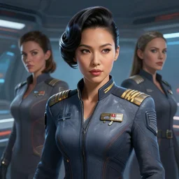 epic professional digital airbrush art of female asian starship captain, by leesha hannigan, iris van herpen, joelle jones, artstation, cgsociety, wlop, epic, realistic, gorgeous, detailed, cinematic, masterpiece