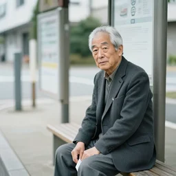 professional photo of an old Japanese man sitting at a bus stop, professional photography