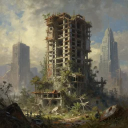 a beautiful hyperdetailed painting of city unfinished building urbex nature by eugene boudin, fantasy retro azeroth apocalyptic reclaimed by nature matte painting cyberpunk cgsociety at dawn alien bladerunner 2 0 4 9, archdaily, wallpaper, highly detailed, trending on artstation.