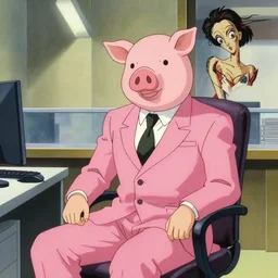 a man wearing a pink suit and a pink pig mask sitting in an office, anime film still from the an anime directed by Katsuhiro Otomo with art direction by Salvador Dalí, wide lens