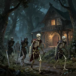 a group of dangerous skeletons armed with swords in a forest at night, walking pass a medieval inn, dnd, fantasy art