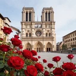 vanishing point, cathedral of notre dame and flowers in florence is covered with red rose bush by alphonse maria mucha, viewed from afar, art nouveau, radiant light, detailed and intricate environment
