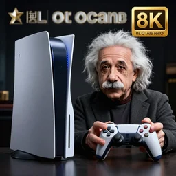 albert einstein playing videogames on a playstation, high resolution photo, dramatic lighting, cinematic, 8 k, unreal engine, octane render, award winning art