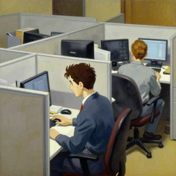 anime key visual of three workers sitting in an office cubicle on the computer, style of jamie wyeth james gilleard edward hopper greg rutkowski acrylic painting, preserved museum piece, historical