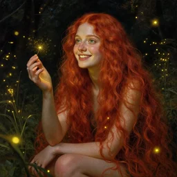 infp young woman, smiling, amazed by golden fireflies lights, sitting in the midst of nature fully covered, long loose red hair, intricate linework, green eyes, small nose with freckles, oval shape face, realistic, expressive emotions, dramatic lights, spiritual scene, hyper realistic ultrafine art by cecco del caravaggio and albert bierstadt and artgerm