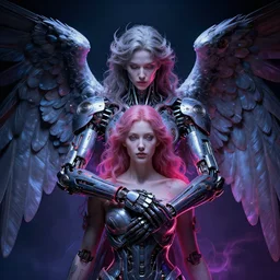 portrait by irakli nadar, alterd carbon, angel protecting woman, neon, detailed intricate render, dark atmosphere, detailed illustration, hd, 4 k, digital art, overdetailed art, surrealistic, by greg rutkowski, by loish, complementing colors, trending on artstation, deviantart