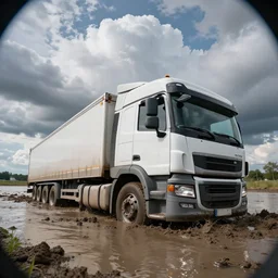 a euro truck stuck in mud or water, hyper realistic professional photograph, 4 0 mm, fisheye, epic lighting, giant clouds in the background