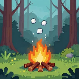 Pixel art of marshmallows being cooked over a campfire in the woods
