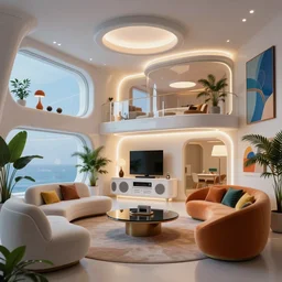 retro futuristic apartment with lighting design by kubrick moonbase style, 7 0 s hi fi system, funky furniture, house plants, modern art