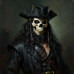 masterpiece portrait painting of a pirate lord with long black beard long black hair wearing a skull mask with a black coat and black hat, menacing, dramatic lighting, featured in artstation, concept art by Greg Rutkowski, WLOP, Dan Mumford, Christophe Vacher