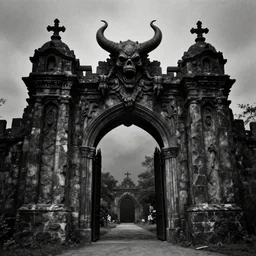 dark old picture of a realistic gateway to hell, black and white, pictorialism