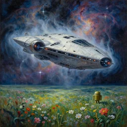 a beautiful painting of a large spaceship shrouded by mystic nebula magic in a field of flowers by moebius and android jones