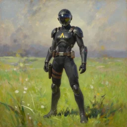 oil painting of tracer overwatch in a field of grass wearing black uniform, in style of ivan aivazovsky, tracer visor, full body
