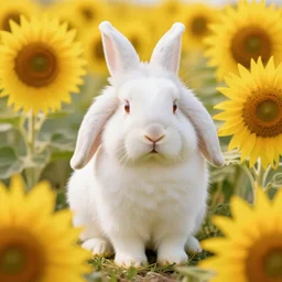 An albino lop bunny in a field of sunflowers.