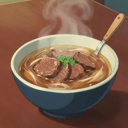 a bowl of steak soup on a table lower corner view in the style of studio ghibli, manhwa, painterly, fancy