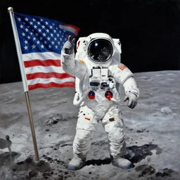 painting of lunar astronaut on the moon next to the flag of the united states raising his hand and giving a thumbs up