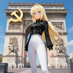 platinum - blonde - haired long bob cut blue - eyed princess wearing white leggings and black jacket, standing next to communist monument, futuristic paris, anime, hd anime wallpaper, hyperrealistic lighting, octane render, volumetric lighting, drawn by artgerm