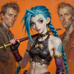 high quality high detail painting league of legends jinx girl by lucian freud and jenny saville and francis bacon, hd, turquoise and orange