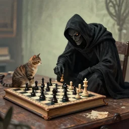 grim reaper playing chess with cat, book miniature illustration style,