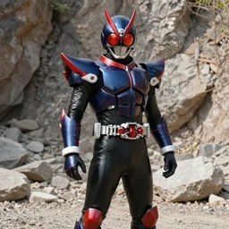 High Fantasy Kamen Rider, single character full body, 4k, glowing eyes in helmet, rock quarry location, daytime, black rubber suit, pvc armor, dark blue with red secondary color dragon inspired segmented armor, ultra realistic, vibrant colors, Steve Yedlin Cinematography
