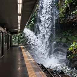 subway platform overflown by natural waterfall, surveillance photo