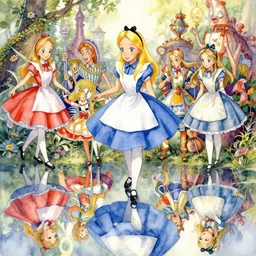a beautiful insanely intricate watercolor painting of alice in wonderland, reflexions, colorfull, by william turner art, by greg rutkowski, by james jean, by rossdraws, by frank franzzeta, by sakimichan, trending on artstation, insanely detailed illustration, masterpiece,