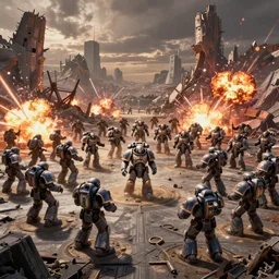 warhammer 40k ultramarines on the battle field, explosions, ruins on the background, digital art, illustration, wide angle, fine details, cinematic, volumetric light, ray traced, highly detailed, octane render, 3d, 4k, unreal engine
