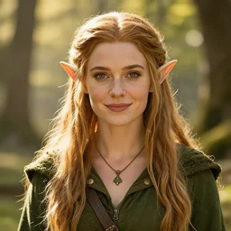 beautiful character design of a female elven druid, slight smile, d&d, warm lighting, symmetrical face, sunny day, subtle vibrancy, Lord of the Rings, HD, detailed