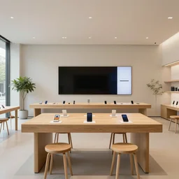 (2050s Microsoft minimalist zen japandi retail interior. Mobile phones. large oak tables, empty stools, fragrant plants, large digital screens) muted palette, architectural photography, wide shot, XF IQ4, 14mm, f/1.4, ISO 200, 1/160s, 8K, RAW, unedited, symmetrical balance