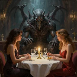 a beautiful painting of cthulu dining at a fancy restaurant sitting across the table from a woman | unreal engine :. 4 | global illumination, radiant soft light, detailed, intricate :. 6