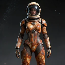 posed beautiful hourglass feminine rusted cyborg in full body skin space suit, helmet, concept art, joshua rife, photoshoot, intricate, highlydetailed, space background, artstation 4 k raytracing, shadows, highlights, illumination