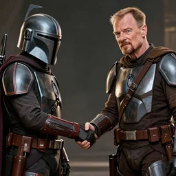 walter white shaking hands with the mandalorian, dramatic digital art