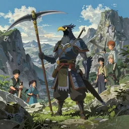 a humanoid bird warrior with a scythe in a mountain pass, stunning art by charlie bowater, ross tran, artgerm, and makoto shinkai, detailed, dramatic lighting