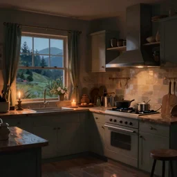 weird perspective epic illustration of a kitchen dim lit by 1 candle in a scenic environment by Christopher Balaskas