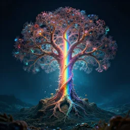tree of life on a hill, soul rising rainbow infusion transformation underwater, radiant, deep focus, astrophotography luscious contemporaryart kaur fractal submerged [... ] natgeo fractal apocalyptic illustration groundwater venetian, night