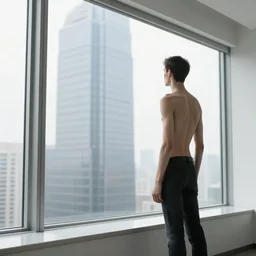 interior photo of slender man looking into a skyscraper window