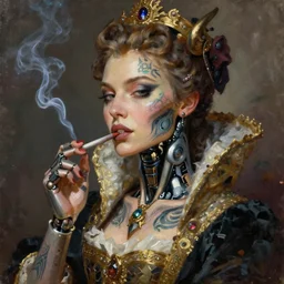 painted close - up portrait of an attractive female cyborg tattooed and smoking. oil painting, wearing a noblewoman's outfit, fantasy art by greg rutkowski and john singer sargent and gaston bussiere and greg rutkowski, demon noble character design, hd