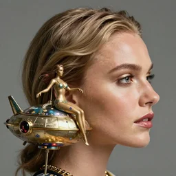 closeup face profile portrait of cara delevingne as a tin toy flying saucer babe, bikini, depth of field, zeiss lens, detailed and intricate environment, fashion photoshoot by nicoletta ceccoli, mark ryden, lostfish, breathtaking, 8 k resolution, artistic, hyperrealistic, octane render