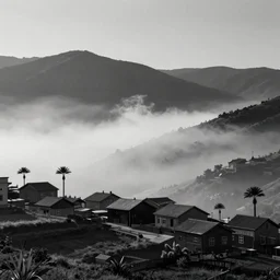 landscape of armenia quindio with houses and some wax palms and mist, minimal digital art, flcl style, minimalist, japanese art, emo goth phone wallpaper